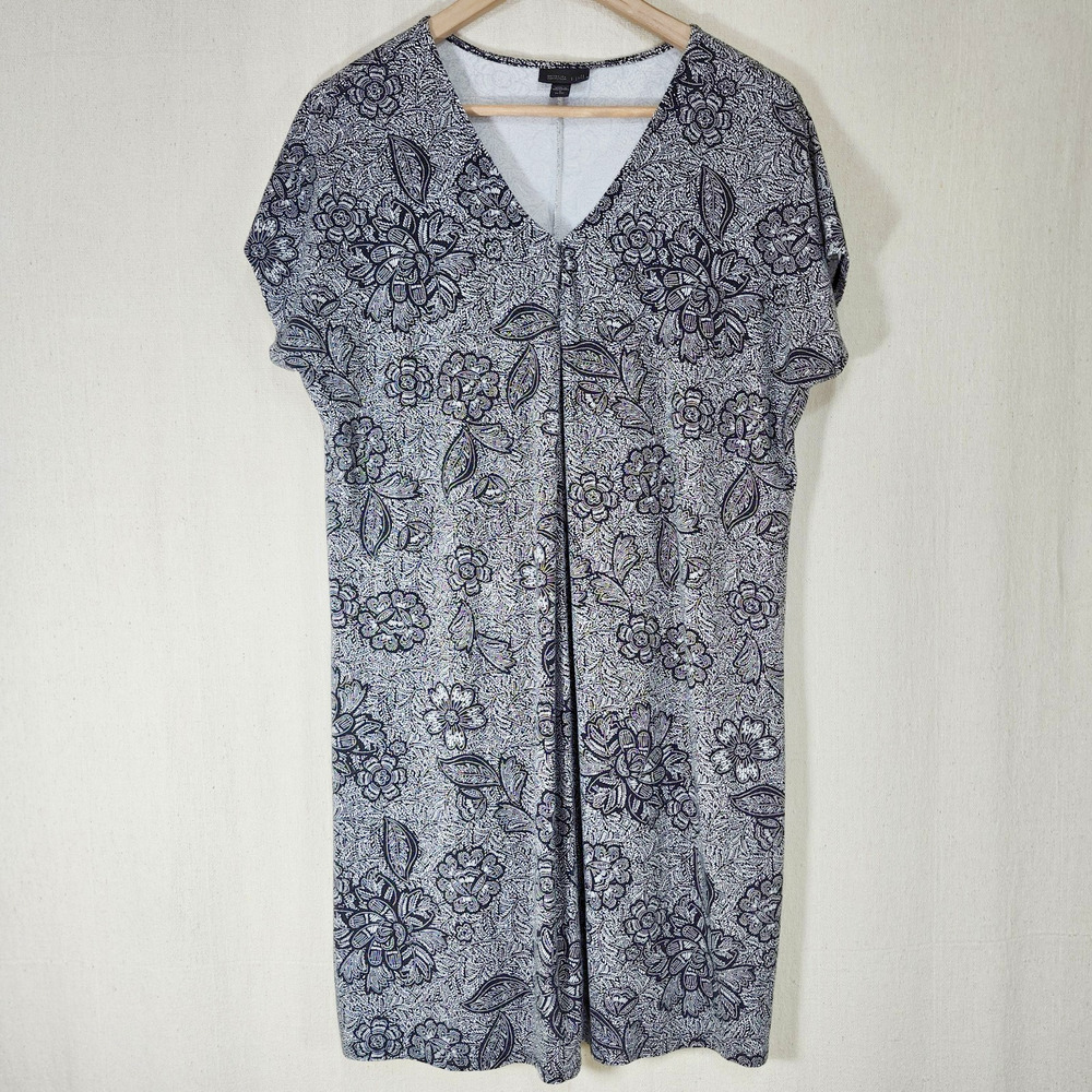 J Jill Wearever Black White Floral Printed Short Sleeve V Neck Shift Dress Sz Sm